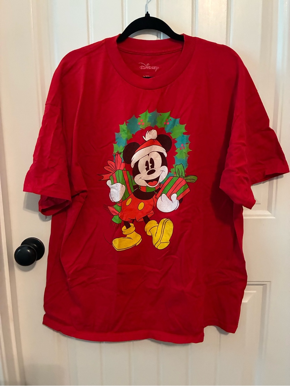 Disney Red Mickey Mouse Holiday Tee with Green Wreath